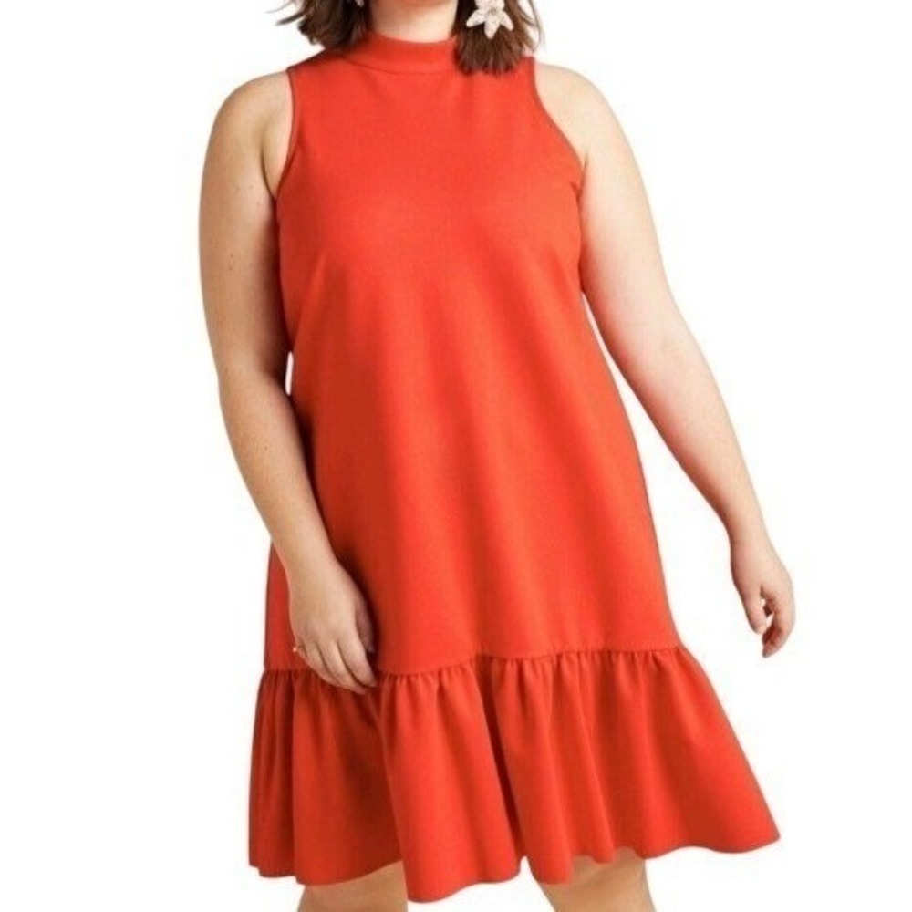 Maeve Anthropologie Red Mock Neck Ruffle Hem‎ Sleeveless Trapeze Dress Plus 2X